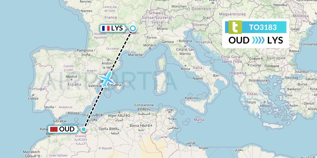 TO3183 Transavia France Flight Map: Oujda to Lyon