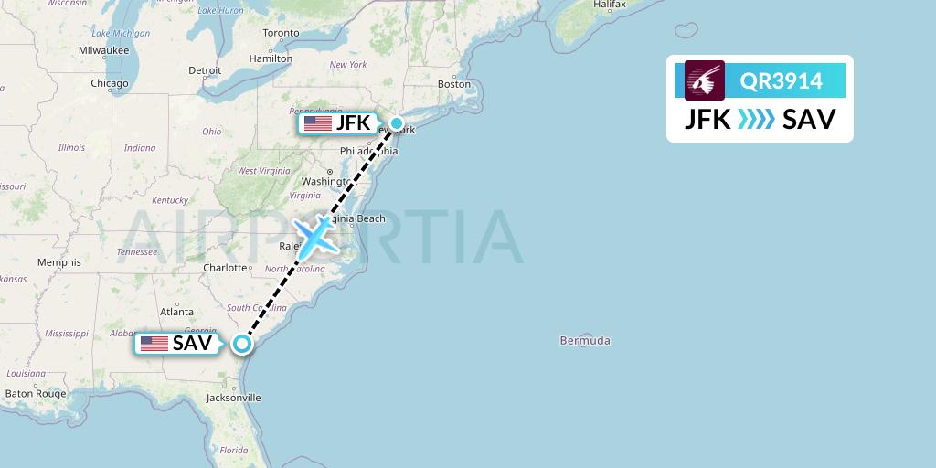 QR3914 Qatar Airways Flight Map: New York to Savannah