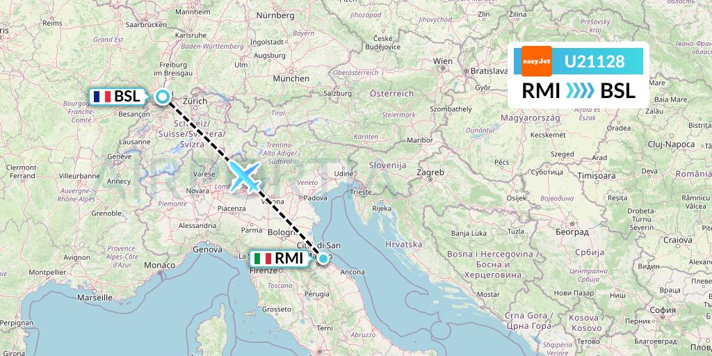 U21128 EasyJet Flight Map: Rimini to Basel