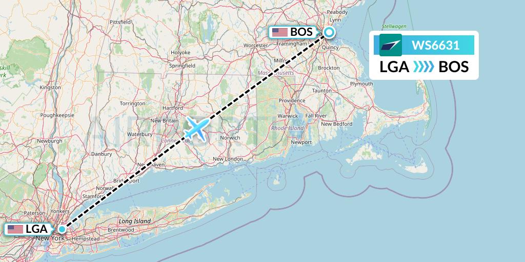 WS6631 WestJet Flight Map: New York to Boston