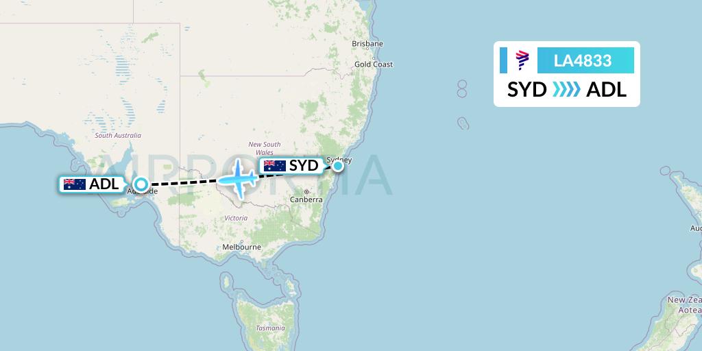 LA4833 LAN Airlines Flight Map: Sydney to Adelaide