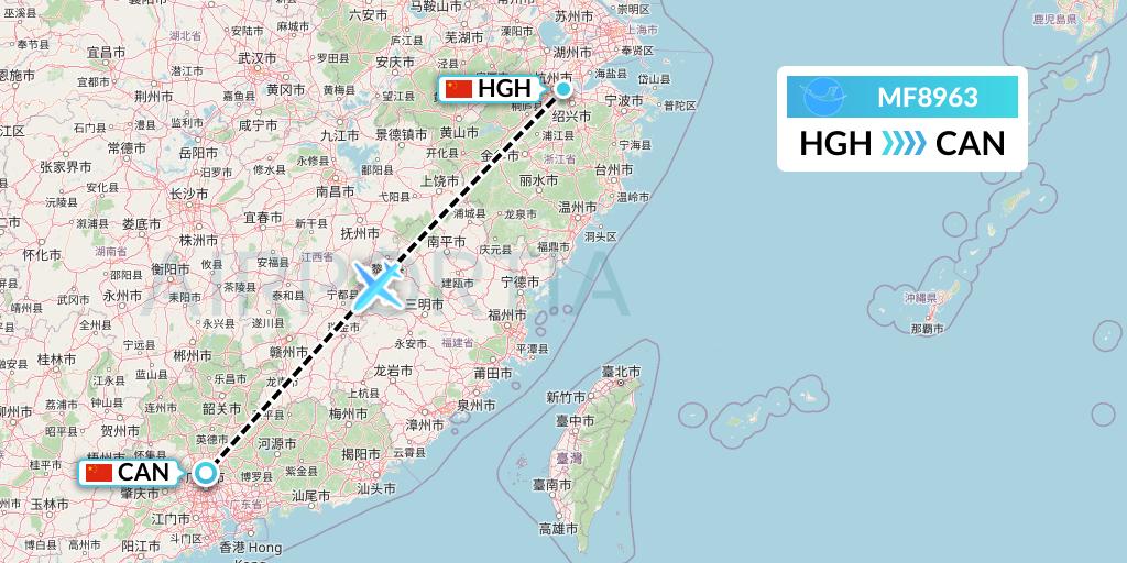 MF8963 Xiamen Airlines Flight Map: Hangzhou to Guangzhou