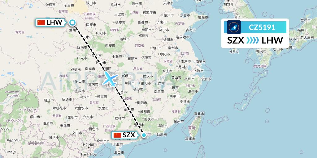 CZ5191 China Southern Airlines Flight Map: Shenzhen to Lanzhou