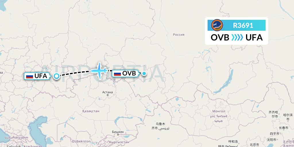 R3691 Yakutia Airlines Flight Map: Novosibirsk to Ufa