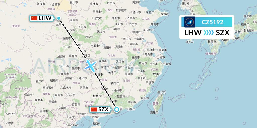 CZ5192 China Southern Airlines Flight Map: Lanzhou to Shenzhen
