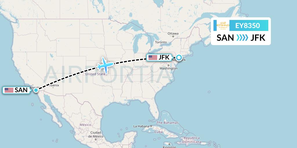 EY8350 Etihad Airways Flight Map: San Diego to New York