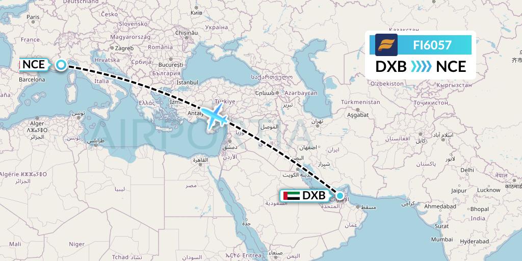 FI6057 Icelandair Flight Map: Dubai to Nice