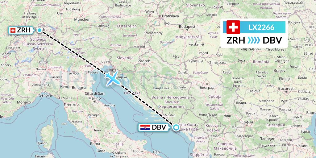 LX2266 Swiss Flight Map: Zurich to Dubrovnik
