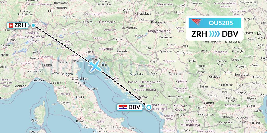 OU5205 Croatia Airlines Flight Map: Zurich to Dubrovnik