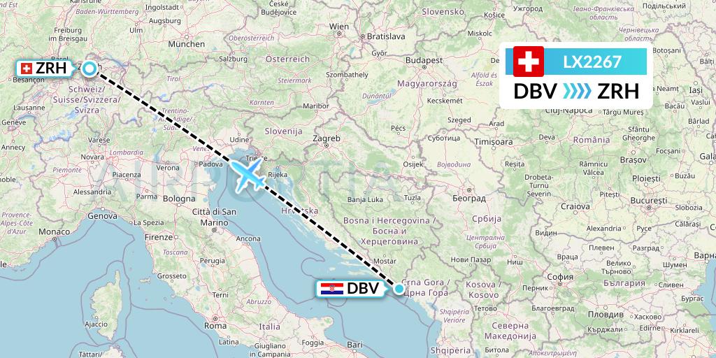 LX2267 Swiss Flight Map: Dubrovnik to Zurich
