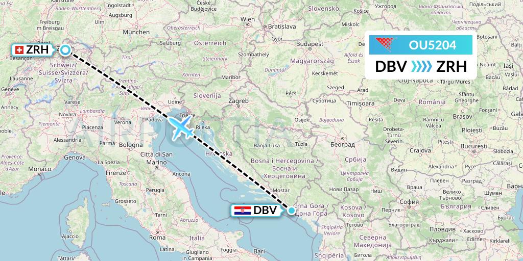 OU5204 Croatia Airlines Flight Map: Dubrovnik to Zurich