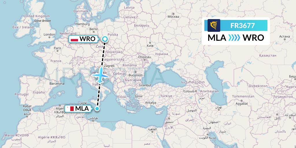 FR3677 Ryanair Flight Map: Malta to Wroclaw