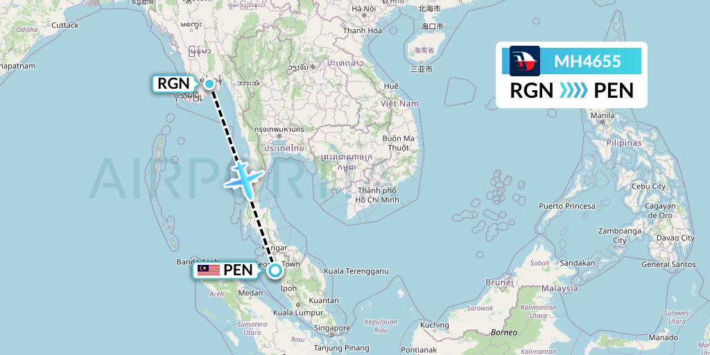 MH4655 Malaysia Airlines Flight Map: Yangon to Penang