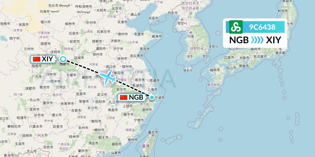 9C6438 Spring Airlines Flight Map: Ningbo to Xi'an