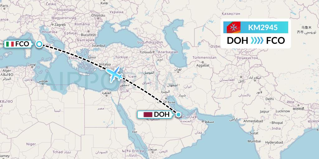 KM2945 Air Malta Flight Map: Doha to Rome