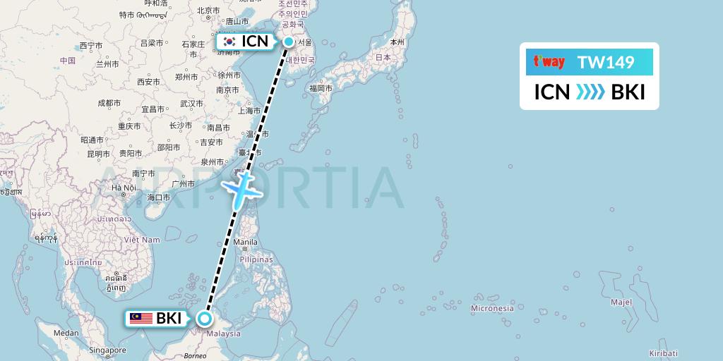 TW149 T'way Air Flight Map: Seoul to Kota Kinabalu