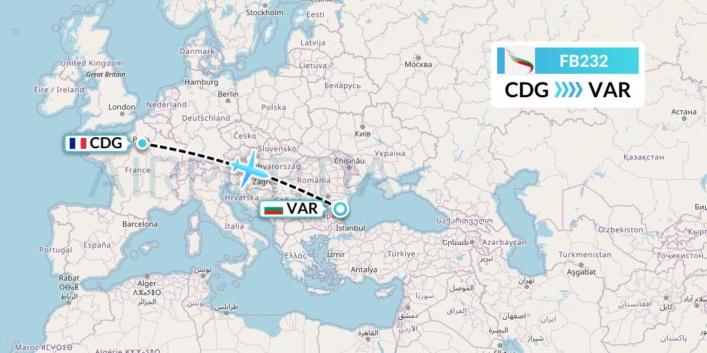 FB232 Bulgaria Air Flight Map: Paris to Varna