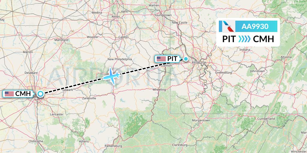 AA9930 American Airlines Flight Map: Pittsburgh to Columbus