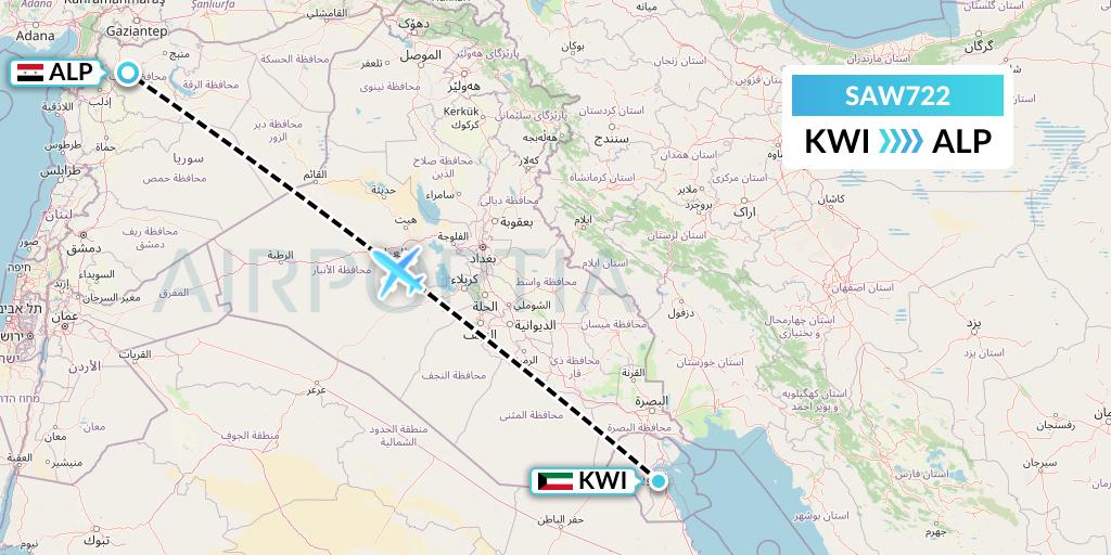 SAW722 Cham Wings Airlines Flight Map: Kuwait City to Aleppo