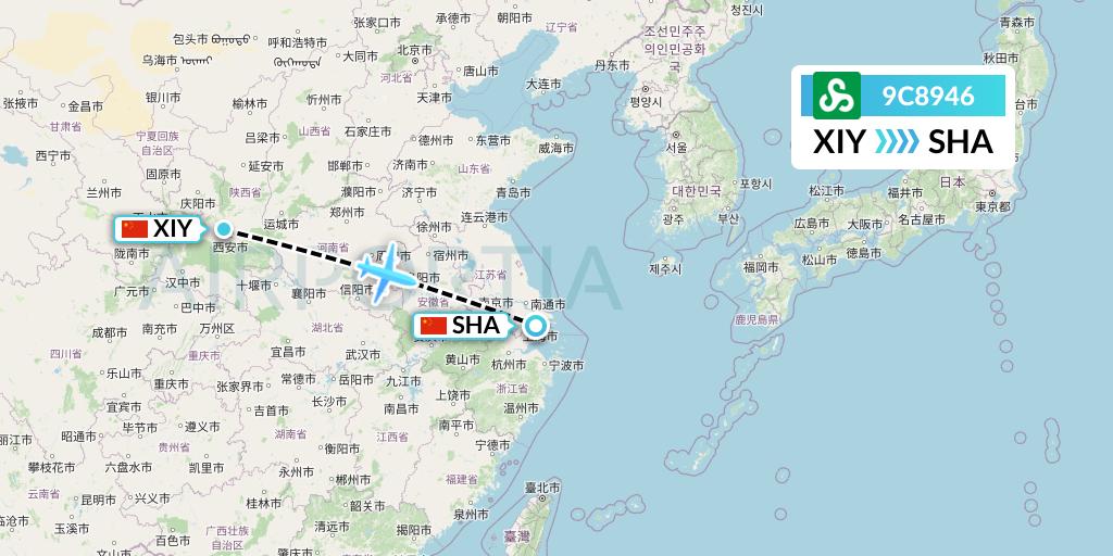 9C8946 Spring Airlines Flight Map: Xi'an to Shanghai