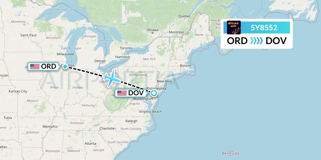 5Y8552 Atlas Air Flight Map: Chicago to Dover-Cheswold