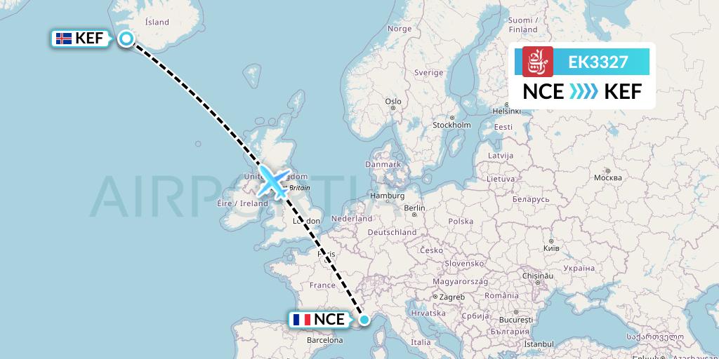 EK3327 Emirates Flight Map: Nice to Reykjavik