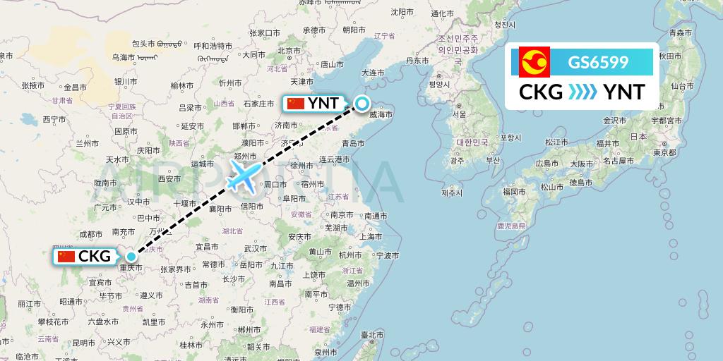 GS6599 Tianjin Airlines Flight Map: Chongqing to Yantai