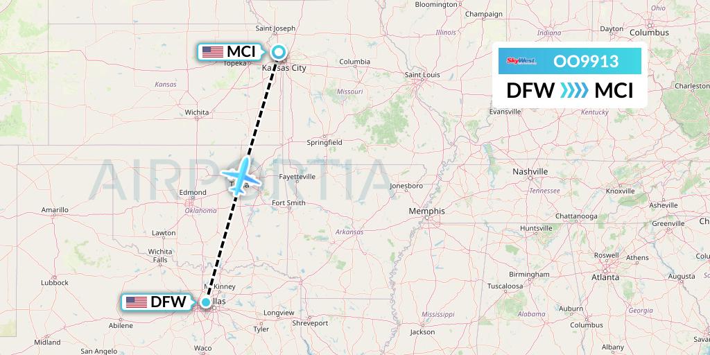 OO9913 SkyWest Airlines Flight Map: Dallas to Kansas City