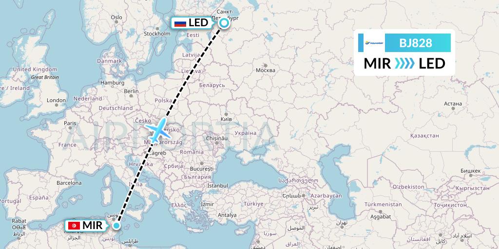 BJ828 Nouvelair Tunisie Flight Map: Monastir to St. Petersburg