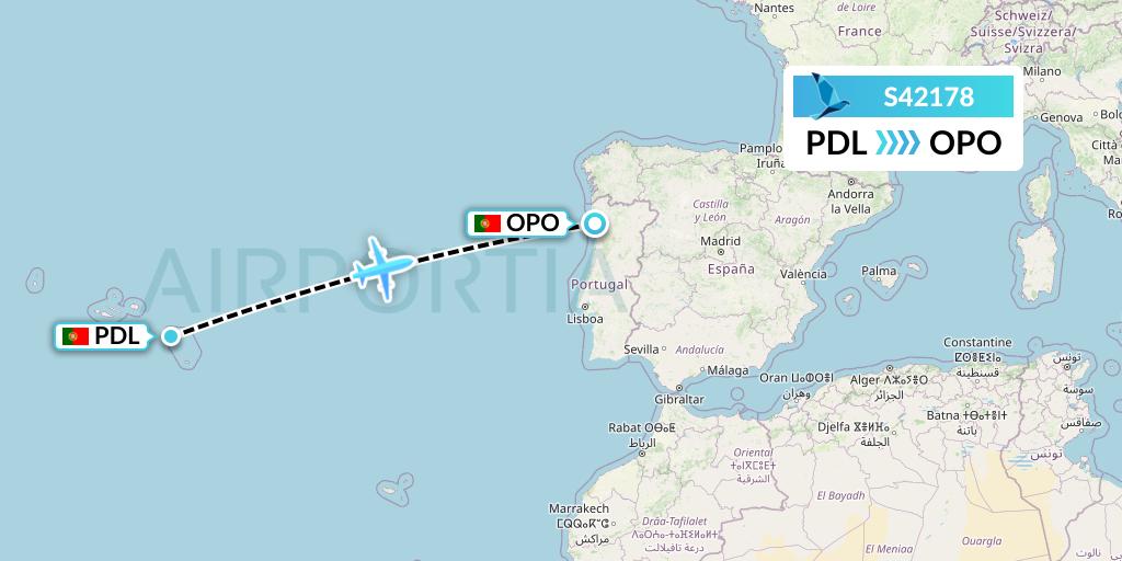 S42178 Azores Airlines Flight Map: Ponta Delgada to Porto