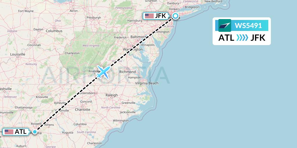 WS5491 WestJet Flight Map: Atlanta to New York