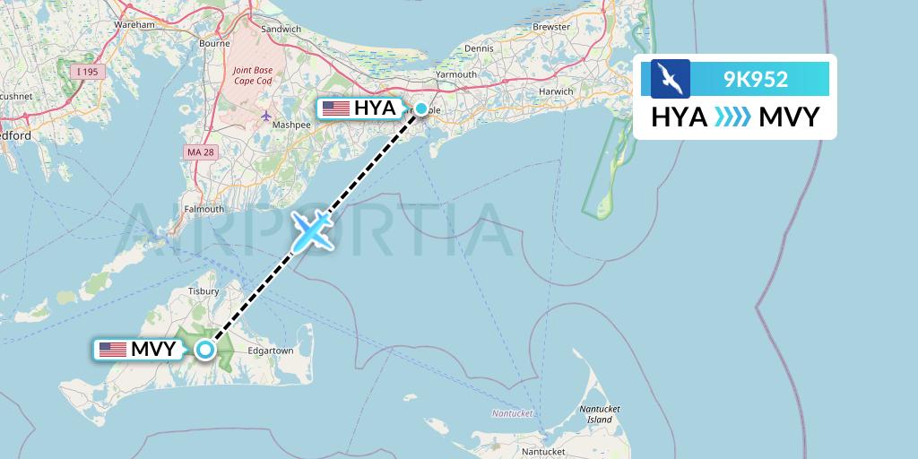 9K952 Cape Air Flight Map: Hyannis to Martha's Vineyard