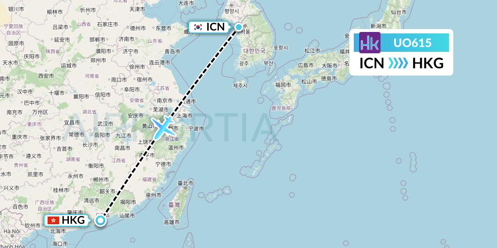 UO615 Hong Kong Express Flight Map: Seoul to Hong Kong