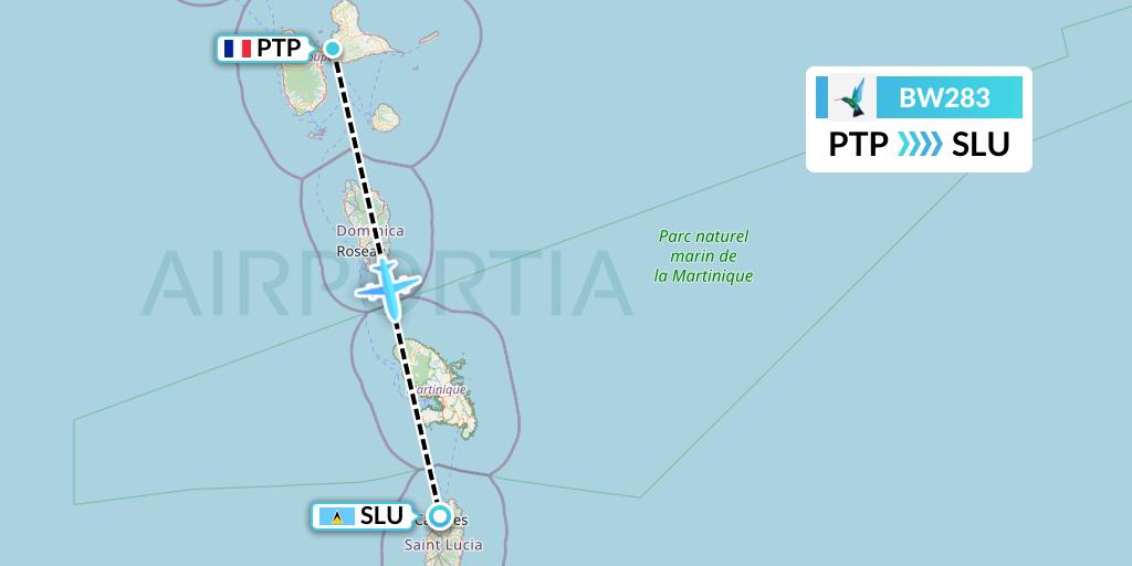 BW283 Caribbean Airlines Flight Map: Pointe-a-Pitre to Castries