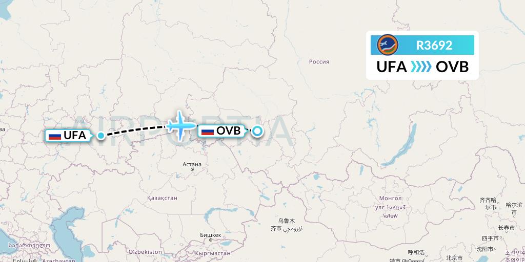 R3692 Yakutia Airlines Flight Map: Ufa to Novosibirsk