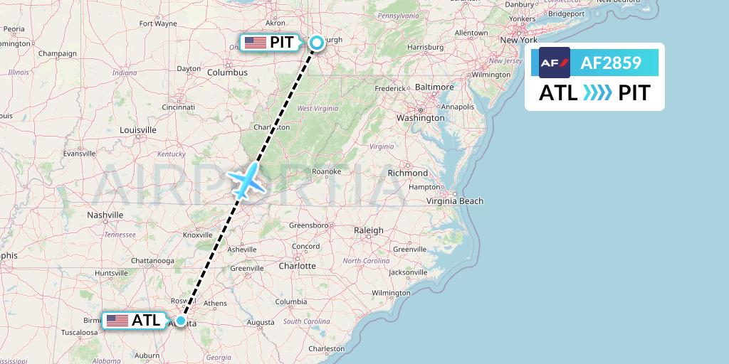 AF2859 Air France Flight Map: Atlanta to Pittsburgh