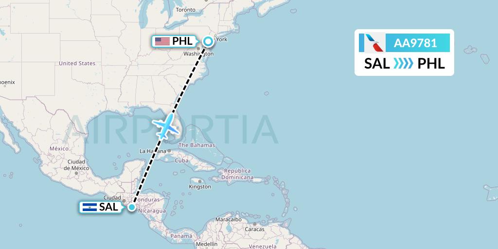 AA9781 American Airlines Flight Map: San Salvador to Philadelphia