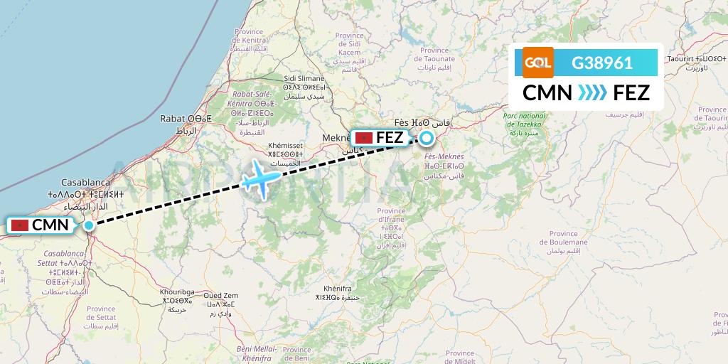 G38961 GOL Transportes Aeros Flight Map: Casablanca to Fes