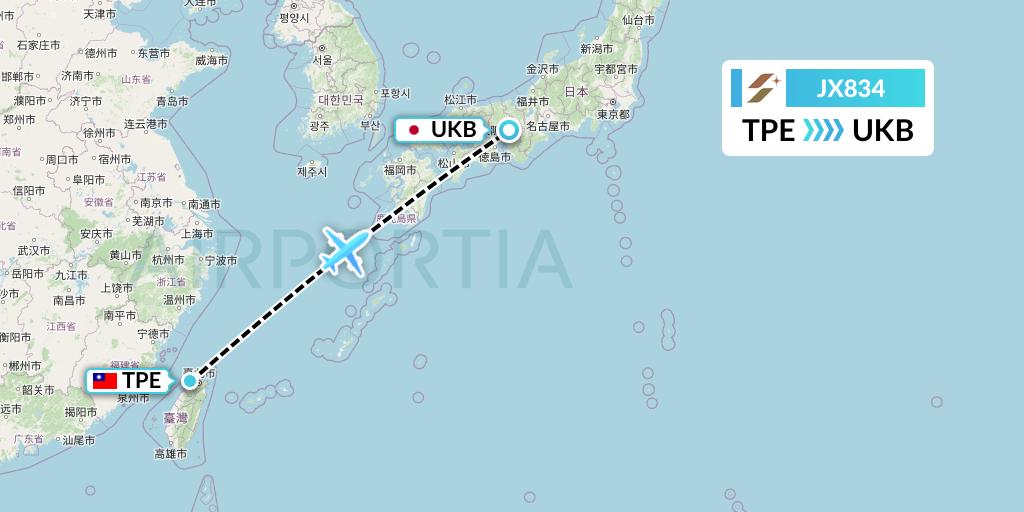 JX834 Starlux Airlines Flight Map: Taipei to Kobe