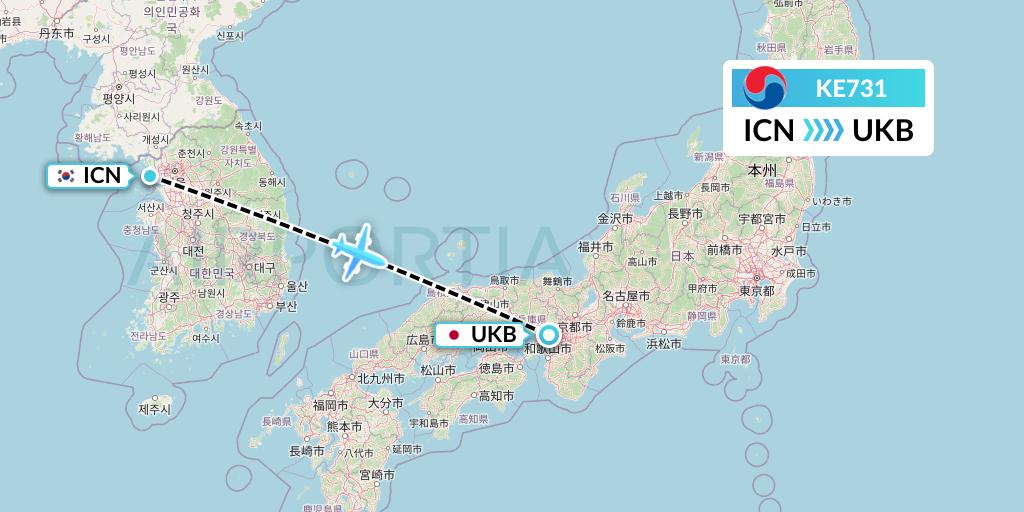 KE731 Korean Air Flight Map: Seoul to Kobe