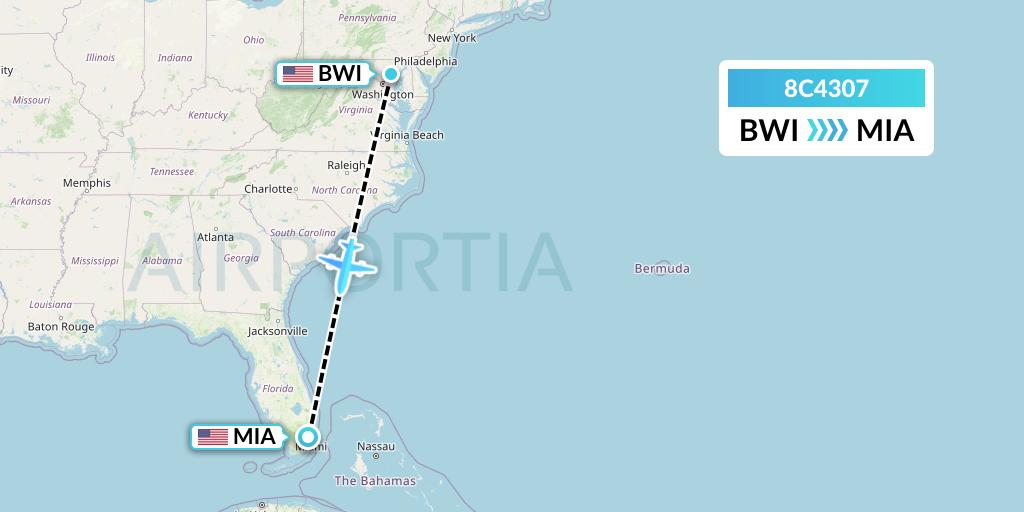 8C4307 Air Transport International Flight Map: Baltimore to Miami