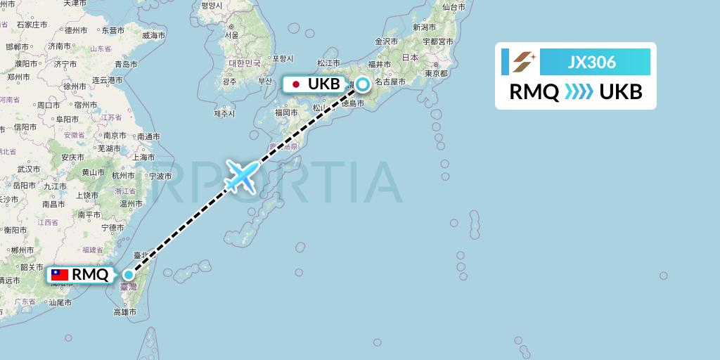JX306 Starlux Airlines Flight Map: Taichung to Kobe