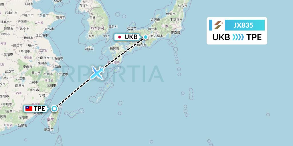 JX835 Starlux Airlines Flight Map: Kobe to Taipei