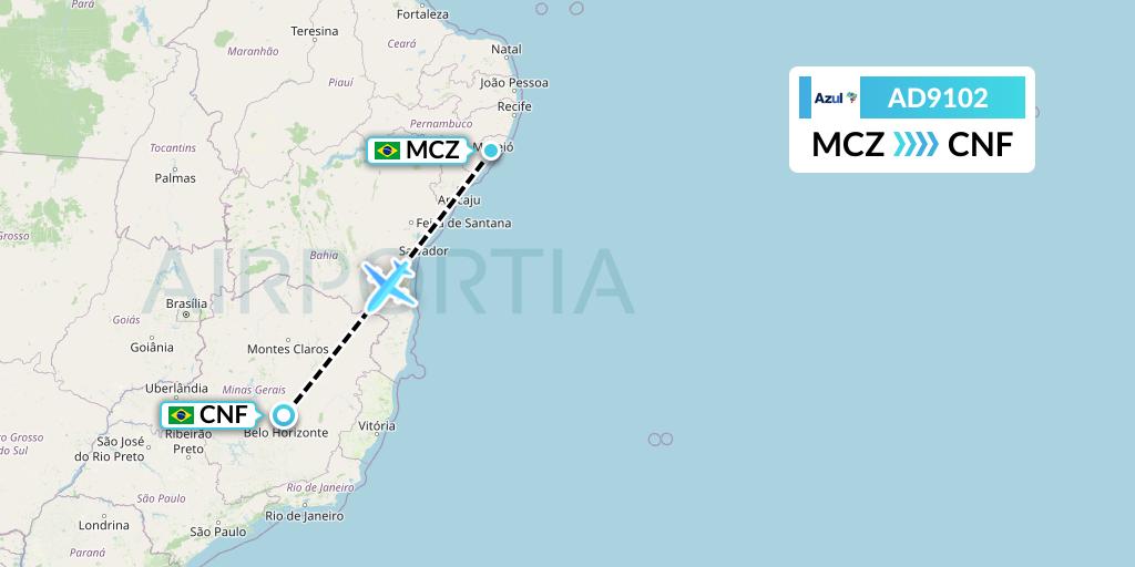AD9102 Azul Brazilian Airlines Flight Map: Maceio to Belo Horizonte