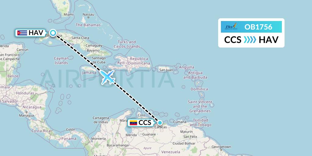 OB1756 Boliviana de Aviacion Flight Map: Caracas to Havana