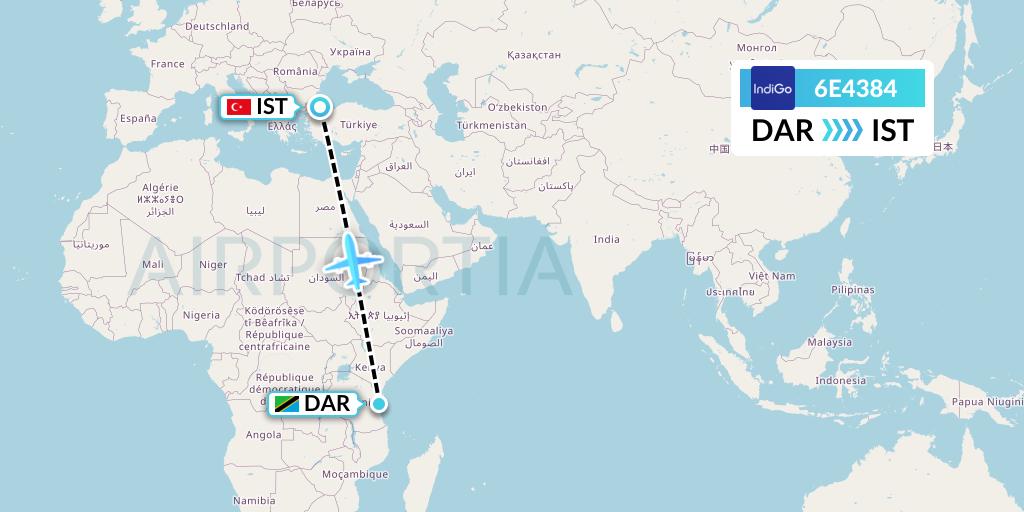 6E4384 IndiGo Airlines Flight Map: Dar-es-Salaam to Istanbul