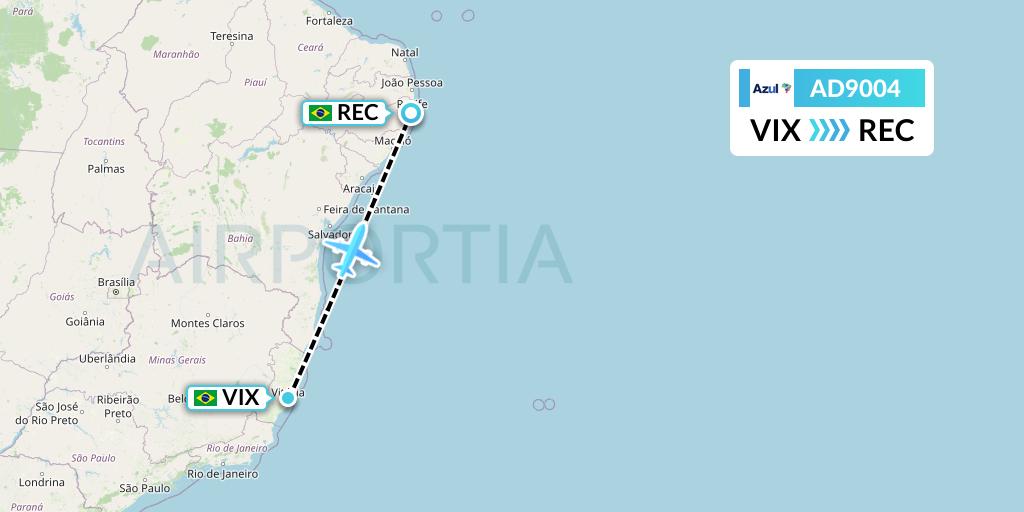 AD9004 Azul Brazilian Airlines Flight Map: Vitoria to Recife