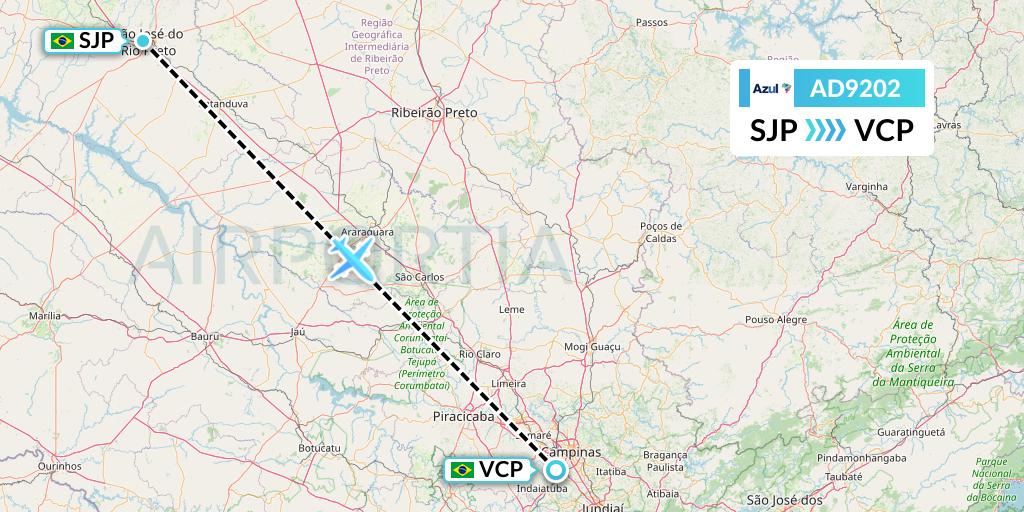 AD9202 Azul Brazilian Airlines Flight Map: Sao Jose Do Rio Preto to Campinas