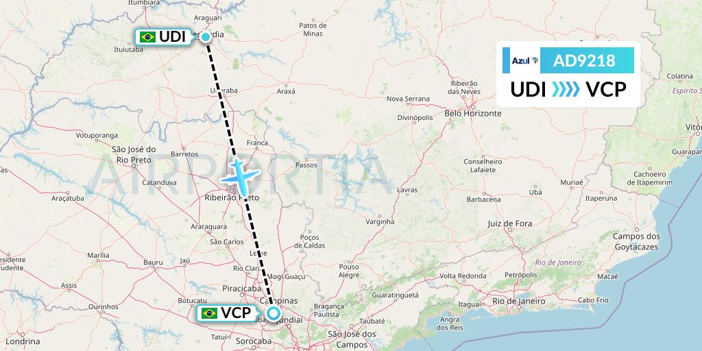 AD9218 Azul Brazilian Airlines Flight Map: Uberlandia to Campinas