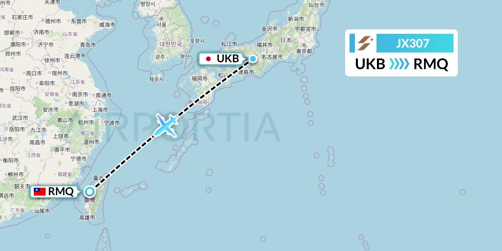 JX307 Starlux Airlines Flight Map: Kobe to Taichung